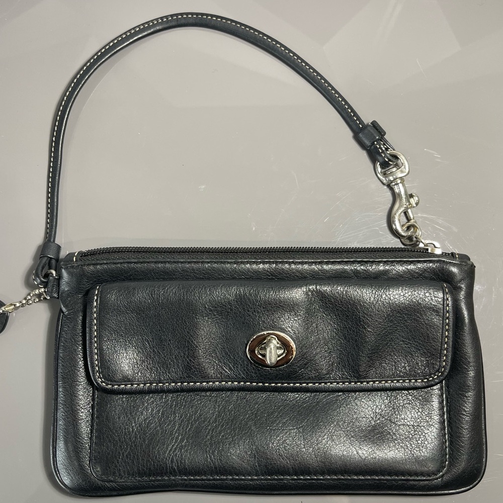 Coach Black Leather Wristlet with Silver Hardware